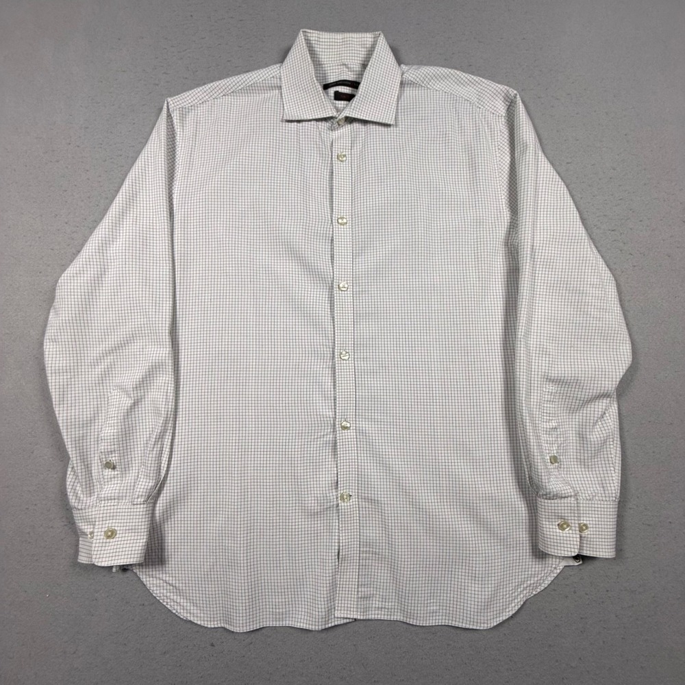 John Varvatos USA Mens White Black Grid Slim Fit Button Down Shirt 16 32/33